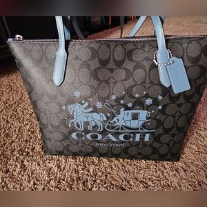 Coach Black Signature Zip Top Tote with Light Blue Horse & Sleigh Motif Winter